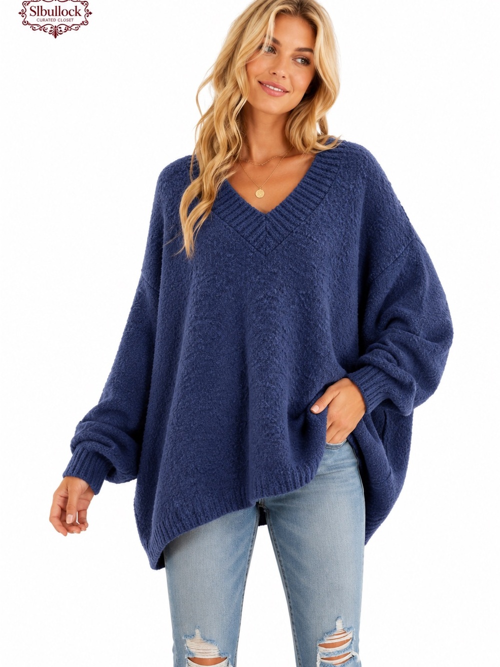 A11 Aerie Oversized Navy V-Neck Cozy Sweater Size Medium